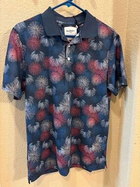 Goodfellow & Co Navy Polo with Red and White Burst Motif